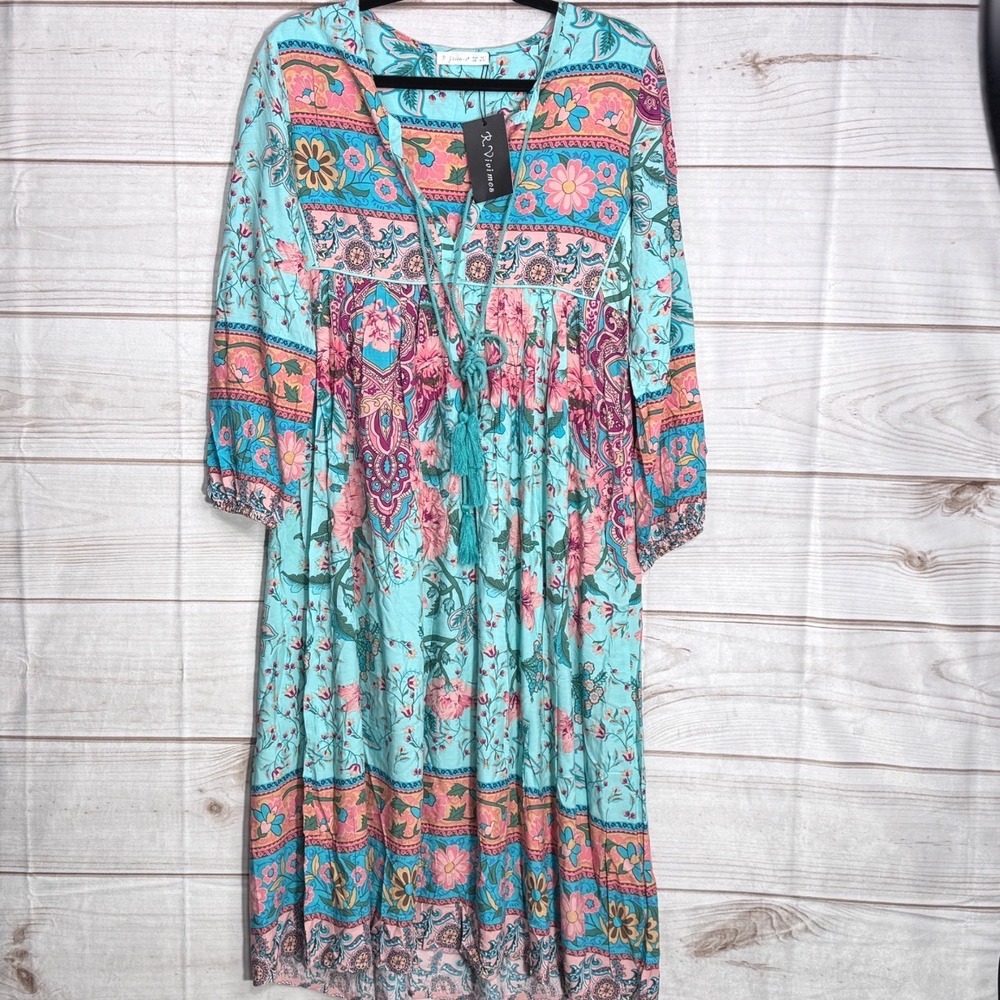 R.Vivimos Women‎ XS Turquoise Floral Paisley Boho Tassel V-Neck Midi Dress NEW